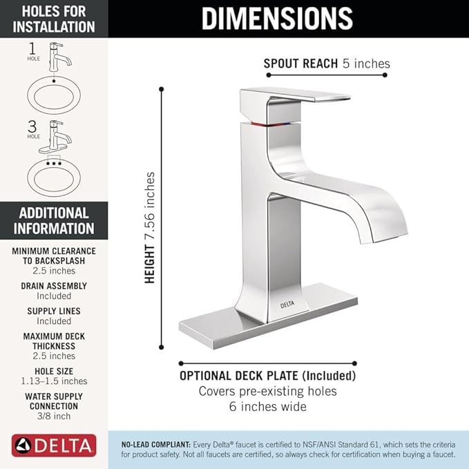 Delta Velum Chrome Bathroom Faucet 1 Hole, Single Hole Bathroom Sink Faucet for Vanity, Metal Push-Pop Drain Assembly, Chrome 539-MPU-DST