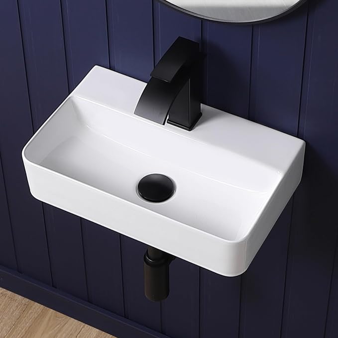 Wall Mount Bathroom Vessel Sink 17"x11" Rectangular Floating White Porcelain Ceramic Wall Hung Vanity Basin Sink for Home,RV,Bathroom