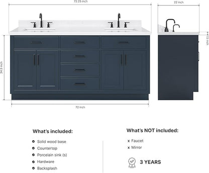 DKB Isabella 72 Inch Bathroom Vanity Double Sink — Midnight Blue Bathroom Vanity with Sink, 1.5" Edge Carrara White Quartz Countertop, 4 Soft-Close Doors, 4 Dovetail Drawers, and 2 Tilt Drawers
