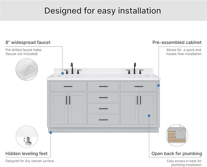 ARIEL Hepburn 72-inch Bathroom Vanity with Sink,Solid Wood, 1.5-inch Carrara White Quartz Countertop & Backsplash, Double Rectangular Porcelain Sink, 4 Soft Closing Doors, 6 Dovetail Drawers, Grey