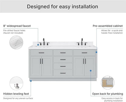 ARIEL Hepburn 72-inch Bathroom Vanity with Sink,Solid Wood, 1.5-inch Carrara White Quartz Countertop & Backsplash, Double Rectangular Porcelain Sink, 4 Soft Closing Doors, 6 Dovetail Drawers, Grey