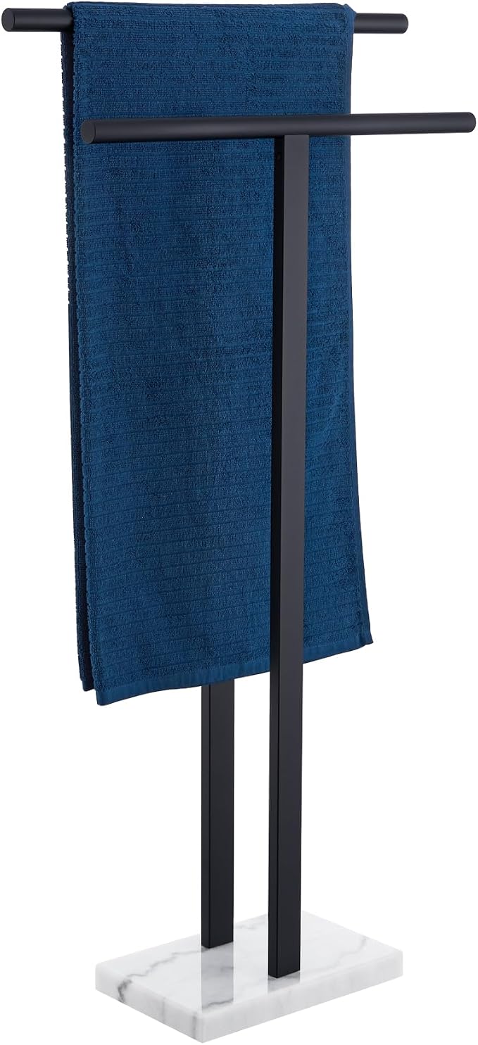 KOKOSIRI Free Standing Towel Racks Matte Black 2-Tier Towel Holder for Bathroom Floor Stand with Heavy Marble Base Thicken Steady Design Stainless Steel THS0005-BK