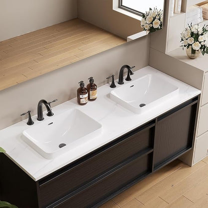 Bathroom Rectangle Vessel Sink 18" x 13" Rectangle Semi Recessed Sink White Drop in Square ceramic Sink with Overflow Modern Sinks Bowl Vanity Above Counter Basin