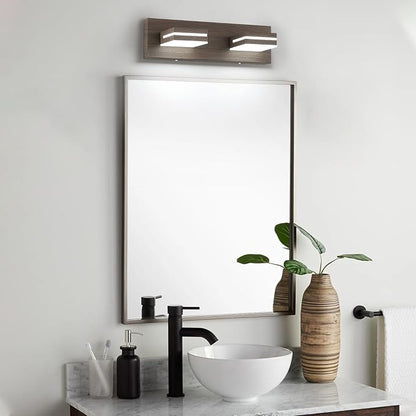 SineRise LED Modern Bathroom Vanity Light Fixtures (2-Light, 15.5-Inch), Brown Wood Painted Modern Acrylic Bathroom Wall Lighting Fixtures Over Mirror (Cool White 6000K)