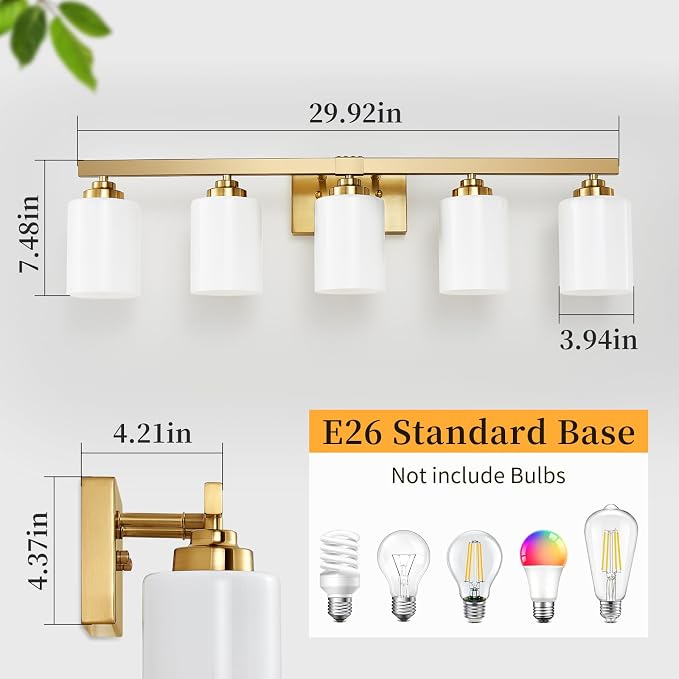 Bathroom Light Fixtures, Vanity Light Over Mirror Gold 5-Light Fixture | Modern bathroom vanity light fixture with metal frame, ideal for mirrors, bedrooms and hallways. Fits E26 bulbs.