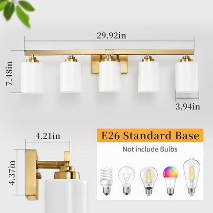 Bathroom Light Fixtures, Vanity Light Over Mirror Gold 5-Light Fixture | Modern bathroom vanity light fixture with metal frame, ideal for mirrors, bedrooms and hallways. Fits E26 bulbs.