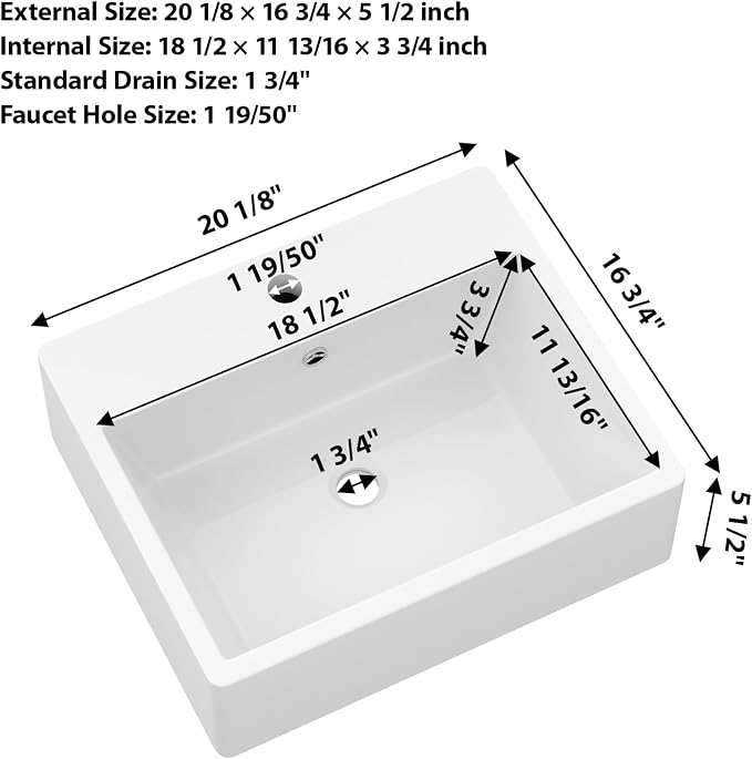 Wallmounted Bathroom Vessel Sink - 20"x17" Rectangular Floating Wall Hung Sinks Ceramic Wash Hand Basin White Wall Mount Vanity Sink for Mordern Bathroom