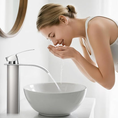Nickel Bathroom Faucets, Tall Waterfall Bathroom Sink Faucet Modern Single Handle Bathroom Faucte 1 Hole, Tall Spout Vessel Faucet Mixer Tap Washbasin Faucet with Pop-up Drain, Supply Hoses