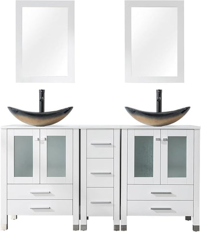 LUCKWIND 60" Double 24" Bathroom Vanity with Sink Combo, Elegant Series with One 12.6-in Side Cabinet, Painted Frame, Including Champagne Boat Sinks, Faucets Without Mirrors, White