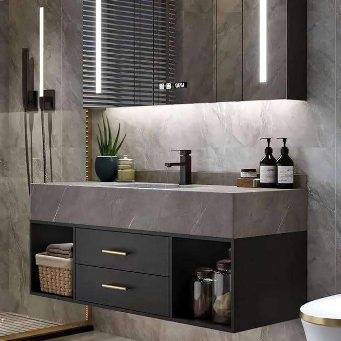 Bathroom Vanity with Sink, 39.3" Floating Bathroom Vanity Set Modern Wall-Mounted Cabinet with Sintered Stone Countertop, Undermount Sink & Black Finish, Easy to Clean