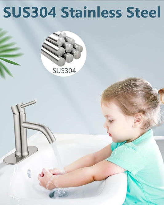 Aolemi Bathroom Faucet Single Hole,Single Handle Bathroom Sink Faucet with Supply Lines,with Pop Up Drain Assembly and Deck Plate,Brushed Nickel