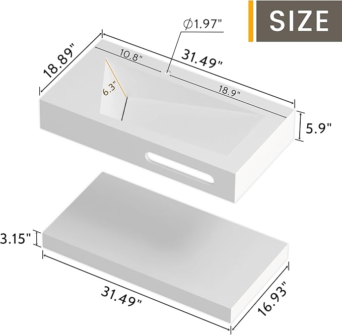 QJ&XY Resin Bathroom Sink 32" Wall Mounted V-Shaped White Basin with Towel Rack, Floating Vanity Sink in Soft-Touch Finish (Double Tier)
