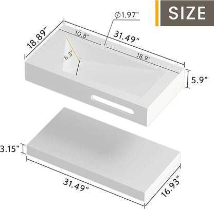 QJ&XY Resin Bathroom Sink 32" Wall Mounted V-Shaped White Basin with Towel Rack, Floating Vanity Sink in Soft-Touch Finish (Double Tier)