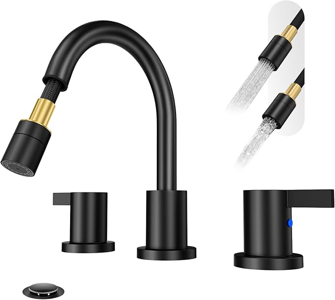 Pull Out Sprayer Matte Black 8 Inch Bathroom Sink Faucet, Widespread 2 Handles 3 Hole Pull Down Bathroom Faucet, with Pop Up Drain and Water Supply Line, BF04022-K01-MB