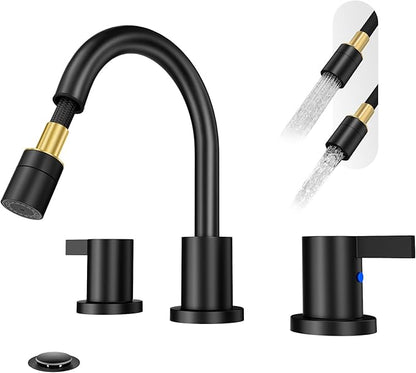 Pull Out Sprayer Matte Black 8 Inch Bathroom Sink Faucet, Widespread 2 Handles 3 Hole Pull Down Bathroom Faucet, with Pop Up Drain and Water Supply Line, BF04022-K01-MB