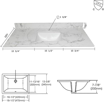 Montary 42" Bathroom Vanity with 43" Artificial Marble Carrara White Top, Modern Stylish MDF Bathroom Storage Cabinet, Vanity Set with 2 Doors and One Large Divided Drawer, White (Single Hole)