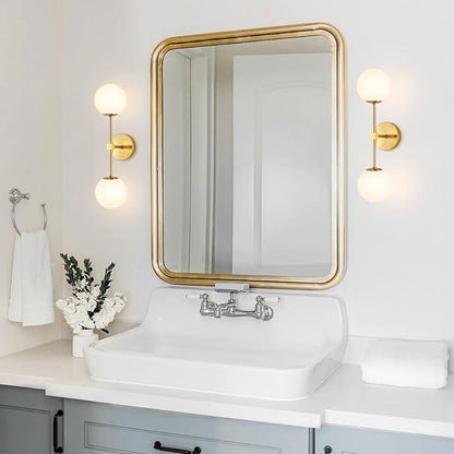 Modern Wall Sconce 2-Lights Industrial Mid Century Bathroom Vanity Wall Light with White Globe Glass Lampshade Brushed Brass Finished Lighting Fixture (Gold Color)