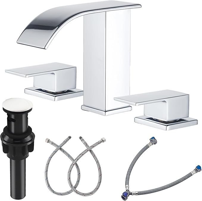 Bathroom Faucet 3 Hole, Chrome Waterfall Bathroom Faucets, 8 Inch Widespread Modern Bathroom Sink Faucet & Parts, Wide Spread Touch On Three Hole 2 Handle Bathroom Vanity Mixer