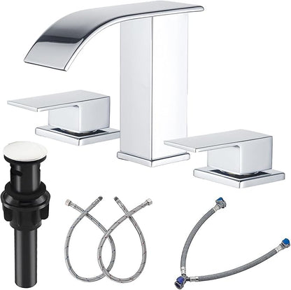 Bathroom Faucet 3 Hole, Chrome Waterfall Bathroom Faucets, 8 Inch Widespread Modern Bathroom Sink Faucet & Parts, Wide Spread Touch On Three Hole 2 Handle Bathroom Vanity Mixer