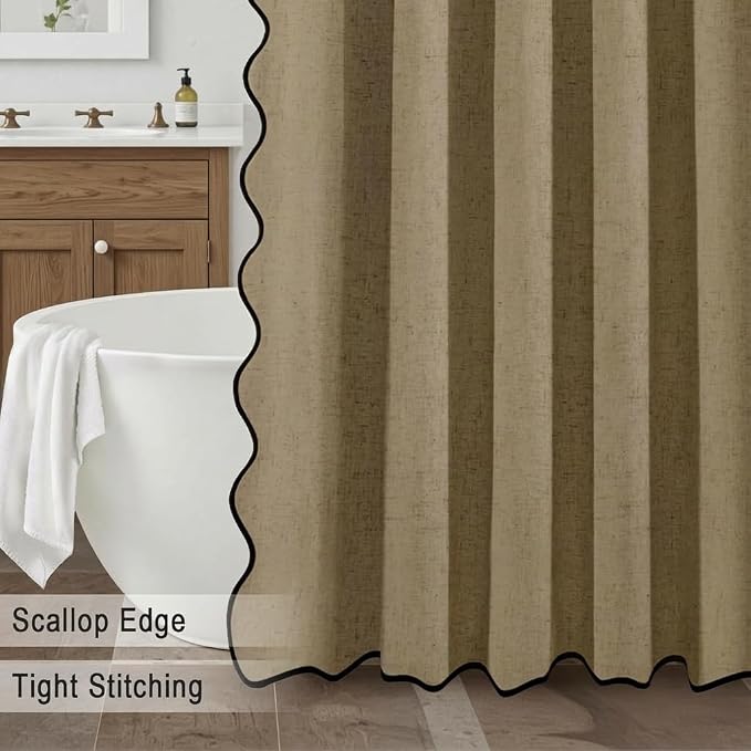 Scalloped Shower Curtain Linen Boho Khaki 72" W x 72" L | Linen Fabric, Black Border, Washable, Heavy Duty Cloth, Shower Curtain for Boho Farmhouse Bathroom Bathtub