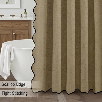 Scalloped Shower Curtain Linen Boho Khaki 72" W x 72" L | Linen Fabric, Black Border, Washable, Heavy Duty Cloth, Shower Curtain for Boho Farmhouse Bathroom Bathtub