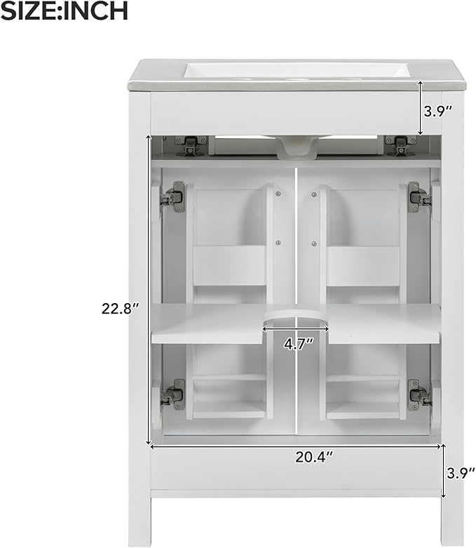 LUMISOL 24" Bathroom Vanity with Sink, Solid Wood Bathroom Cabinet with Tip-Out Drawer, Storage Racks, Soft-Close Door & Adjustable Shelves, Ceramic Sink, White