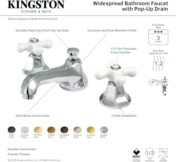 Kingston Brass KS4462PX Metropolitan Widespread Lavatory Faucet with Porcelain Cross Handle, Polished Brass