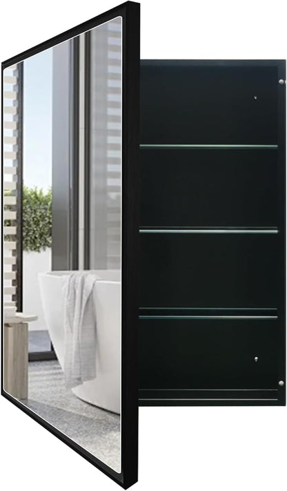 24”x30” Medicine Cabinet with Aluminum Frame,Surface or Recessed Medicine Cabinet Mirror for Bathroom,Bathroom Mirror with Storage,Black