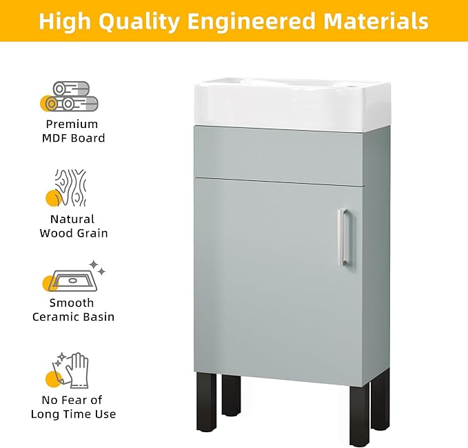 YITAHOME 16 Inch Bathroom Vanity with Sink, Bathroom Cabinet Vanity for Small Space, Freestanding Storage Bathroom Vanity with 1 Soft Closing Cabinet, Grey