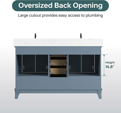 60 Inch Bathroom Vanity Double Sink, Fully Assembled Solid Wood Frame Double Sink Bathroom Vanity with Soft Closing Doors & Full Extension Dovetail Drawers, Quartz Top, Steel Blue