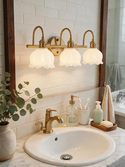 Bathroom Light Fixtures, 3-Light Brass Vanity Wall Light with Amber Tulip Glass Shades, Vintage Wall Sconce Over Mirror for Bathroom, Bedroom, Living Room (Bulbs Not Included) (White, 3-Light)