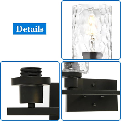 MELUCEE 3-Light Bathroom Light Fixtures Black Finish with Hammered Glass | Vanity Lights Over Mirror Industrial Wall Light Fixture Suitable for Living Room Porch Kitchen (Patent No.: US D963914 S)