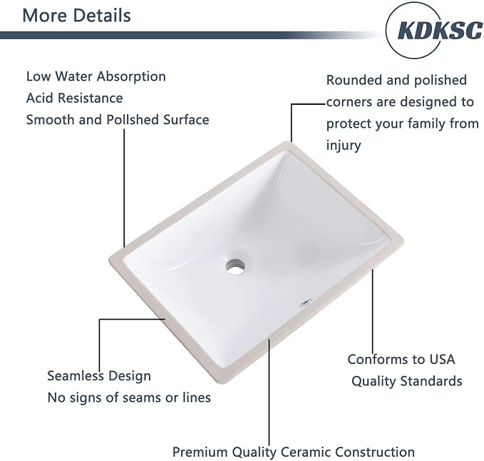 21 Inch Undermount Bathroom Sink White Ceramic Rectangular Under Counter Bathroom Sink for Cabinet Porcelain Vanity Sinks,Overflow Type (20.4"x15.0")