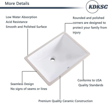 21 Inch Undermount Bathroom Sink White Ceramic Rectangular Under Counter Bathroom Sink for Cabinet Porcelain Vanity Sinks,Overflow Type (20.4"x15.0")