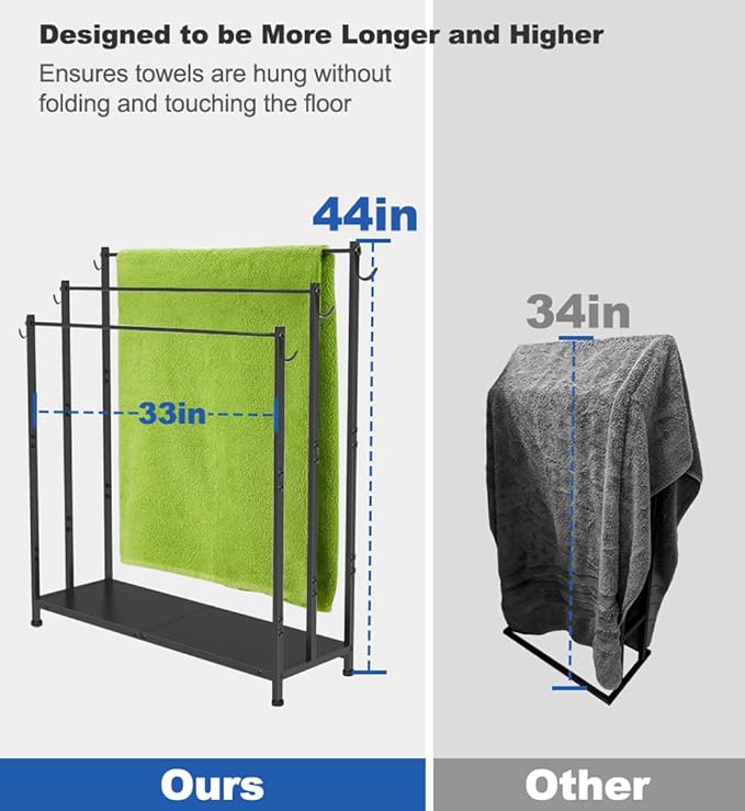 Extra Large Free Standing Towel Rack, Black | 3 Tiers Heavy Duty Blanket Drying Stand Holder with Metal Storage Shelf & 6 Hooks for Bathroom, Pool, Bedroom, Living Room
