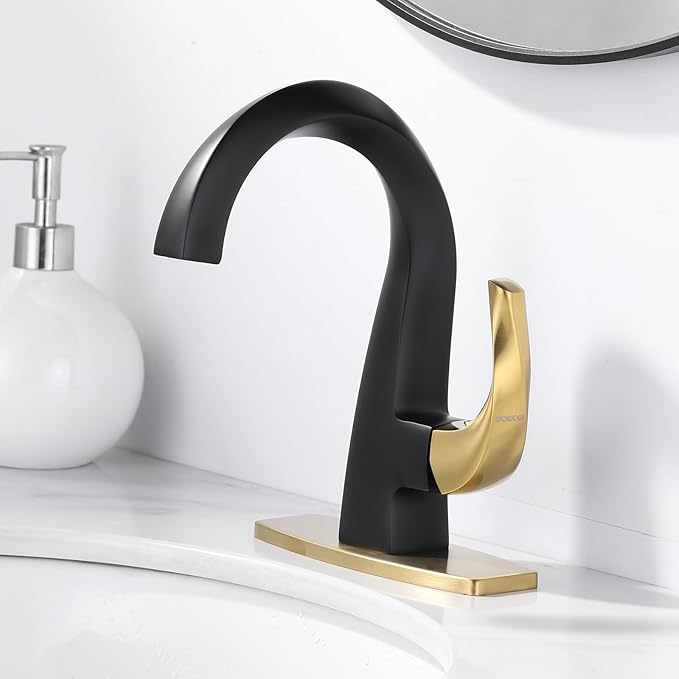 WOWOW Single Handle Bathroom Faucet 1 Hole High Arc Bathroom Basin Faucet Black and Gold with Pop-up Drain, Solid Brass Commercial Bathroom Sink Basin Vanity Bar Faucet (Patented Product)