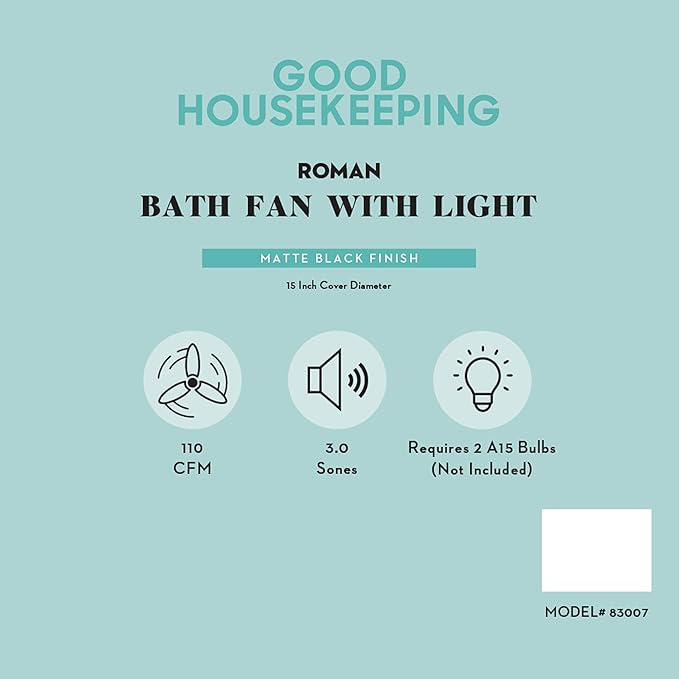 Good Housekeeping 83007 Roman Decorative 110 CFM 3.0 Sones Bathroom Ventilation Exhaust Fan with Light & Night-Light, Matte Black