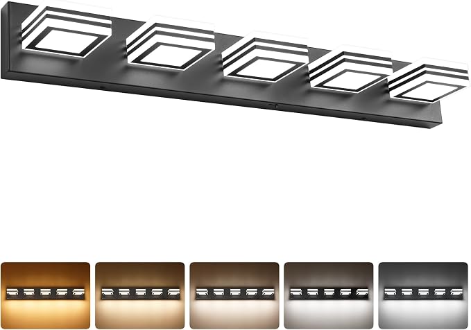 SOLFART LED Bathroom Lighting Fixtures - 5 Lights Modern Matte Black Acrylic Vanity Lights for Mirror 32inch 24W 5CCT