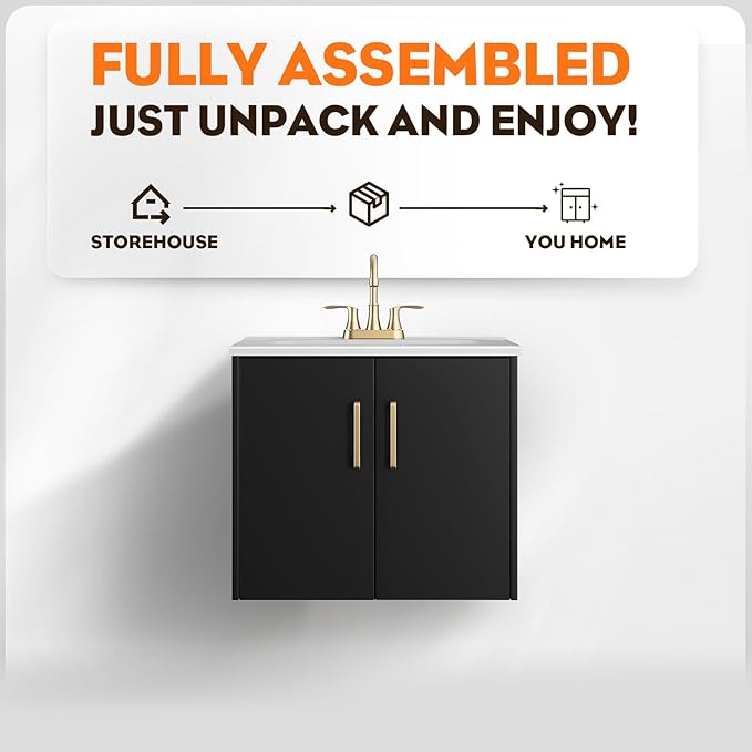 phiestina Pre-Assembled 24 Inch Black Floating Bathroom Vanity, Wall Mounted Cabinet with 2 Soft-Close Doors,3 Holes Ceramic Countertop Sink Combo,No Faucet,BV08-24-BLACK