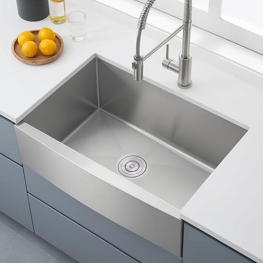 KINGO HOME Farmhouse Sink 33 Inch,16 Gauge Undermount Single Bowl 304 Stainless Steel Farmhouse Kitchen Sink, 9 Inch Deep Apron Front Farm Sink with drain