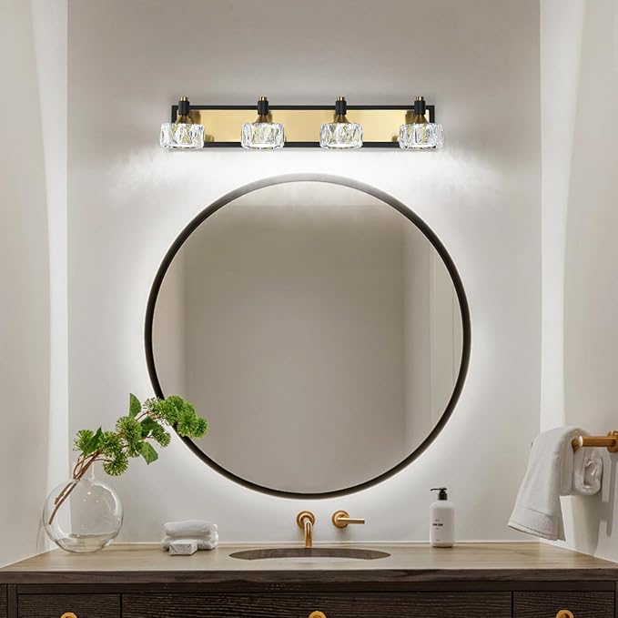 4 Light Bathroom Vanity Light, Dimmable Crystal Modern Bathroom Light Fixtures Over Mirror, Gold and Black Modern Vanity Light, Elegant Water Ripple Wall Sconce Lights