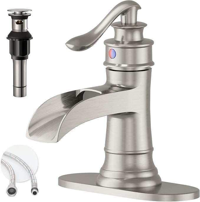 Brushed Nickel Waterfall Bathroom Faucet Single Handle Bathroom Sink Faucet | 1 Hole or 3 Hole Sink Brass Waterfall Faucet for Vintage Antique Lavatory Washroom with Pop Up Drain Deck Plate by BATHLAVISH