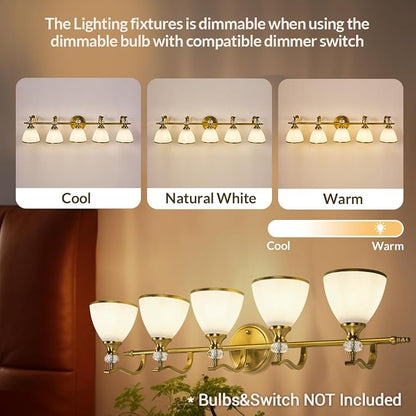 Gold Bathroom Light Fixture, 5-Light Bathroom Wall Sconces, 35 inch Brass Vanity Light with Milky White Frosted Glass Shade, Large Vintage Wall Lights for Spacious Rooms