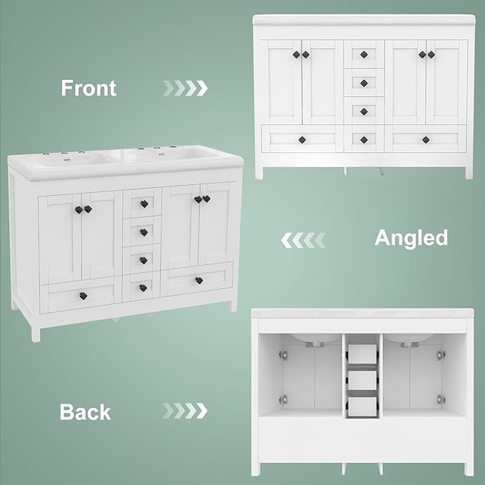 48 Inch Bathroom Vanity with Sink, Bathroom Vanity Cabinet with Doulble Sink, White Bath Vanities with 4 Doors and 6 Drawers (20" D x 48" W x 36" H)