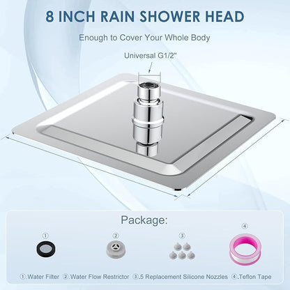 8 Inch Rain Shower Head Chrome Polished - All Metal Stainless Steel 304, Ultra Thin Design, Square Rainfall Showerheads Modern Bathroom - Full Body Coverage Bath Shower