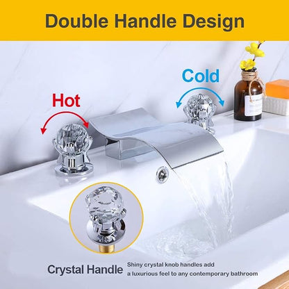 Widespread Bathroom Sink Faucet with Crystal Knob 3 Hole Waterfall Vanity Faucet 8 Inch Crystal Bathroom Faucets Deck Mount Basin Mixer Tap with Hose, Chrome