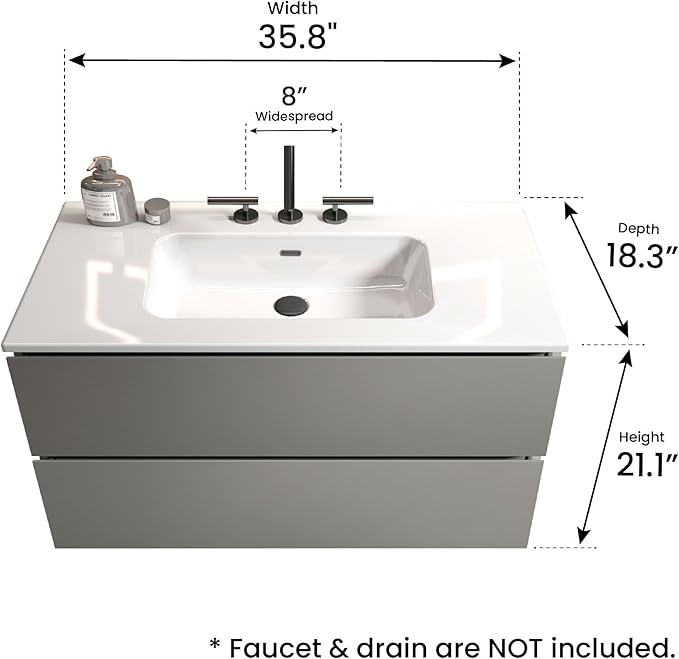 36" Bathroom Vanity with Sink, Modern Floating Vanity with Double Soft-Closing Drawers, Large Storage for Small Space, Space Gray, Fully Assembled - Iris Collection