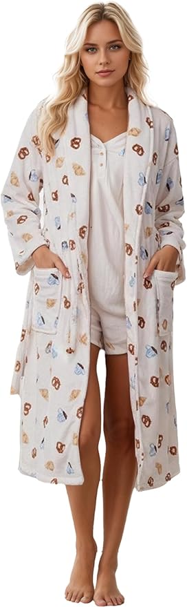 Women Fleece Fruit Print Robe Cute Robes for Women Spring Summer Lightweight Bathrobe Soft Flannel Gown with Belt