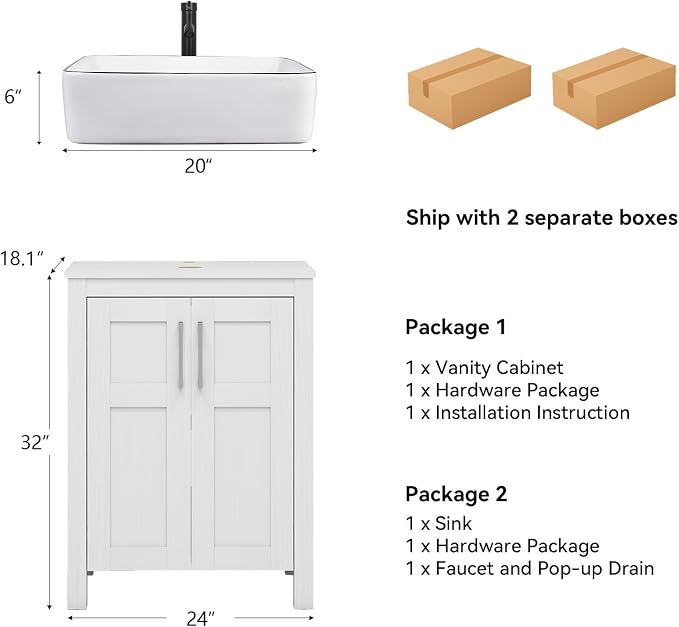 YOURLITE 24" Bathroom Vanity with Sink Combo,White Bathroom Vanity and Sink Combo with Faucet & Pop Up Drain Set,Traditional Vanity with White Ceramic Sink Bathroom Sink
