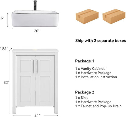 YOURLITE 24" Bathroom Vanity with Sink Combo,White Bathroom Vanity and Sink Combo with Faucet & Pop Up Drain Set,Traditional Vanity with White Ceramic Sink Bathroom Sink